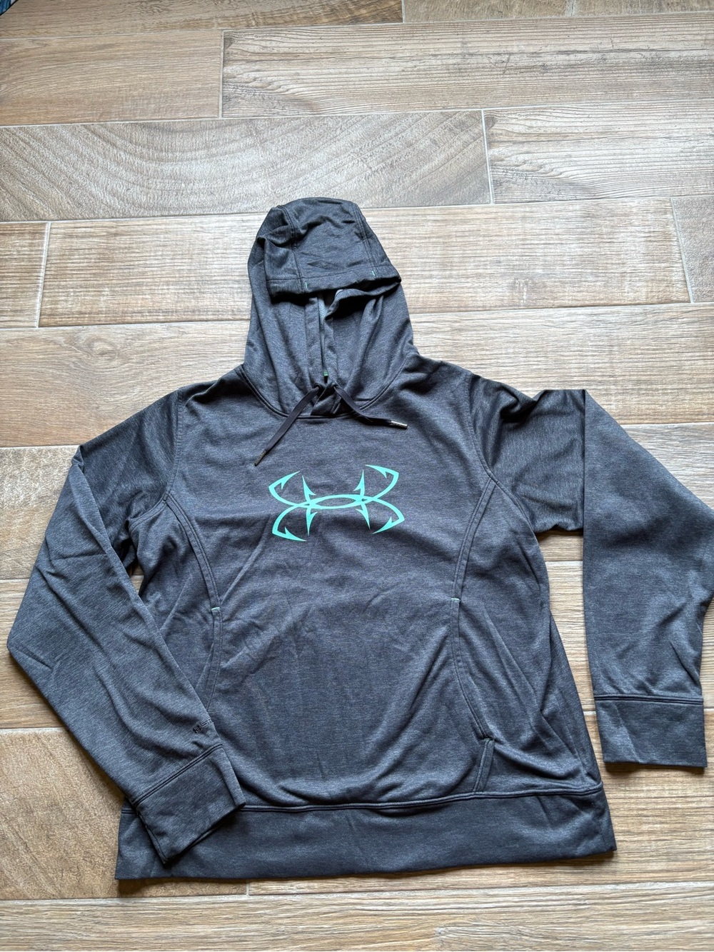 Under Armour Charcoal Hoodie with Teal Fish Hook Logo, Sz Large